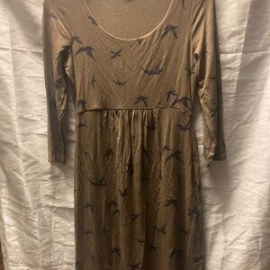 Boden Brown Long Sleeve Dress with Bird Print
